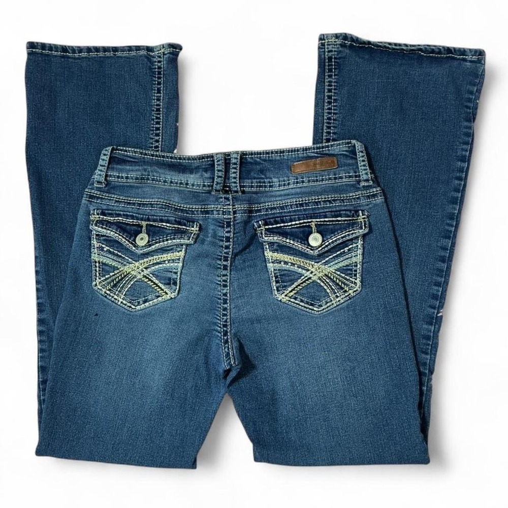 WallFlower Women's Denim Jeans Size 5 Flare Low Rise Embellished Pockets